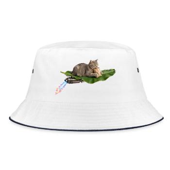 Lustige Katze reitet auf fliegendem Bananenblatt mit Turbo Exh - Bucket Hat - Weiß/Navy - Vorne