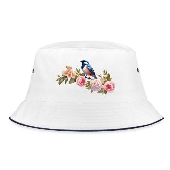 Vogel auf einem blühenden Ast im Frühling - Bucket Hat - Weiß/Navy - Vorne