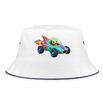 Alien Raketenrennwagen Cartoon - Bucket Hat - Weiß/Navy - Vorne