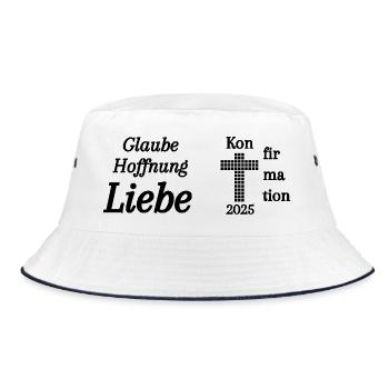 Konfirmation 2025 Glaube Hoffnung Liebe Bibel - Bucket Hat - Weiß/Navy - Vorne