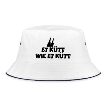 Köln Spruch Et kütt wie et kütt mit Kölner Dom - Bucket Hat - Weiß/Navy - Vorne
