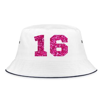 Nummer 16 Pink Glitter - 16. Jubiläum - Bucket Hat - Weiß/Navy - Vorne