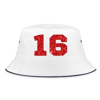 Number 16 Red Glitter - 16th Birthday - Bucket Hat - white/navy - Front