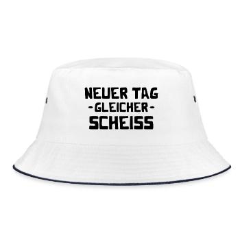 Neuer Tag - Gleicher Scheiss - Scheiß - Bucket Hat - Weiß/Navy - Vorne