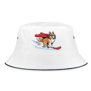Superhero Corgi with Cape on Surfboard - Bucket Hat - white/navy - Front