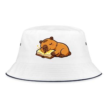Schlafendes Capybara auf Buch Lese-Motiv - Bucket Hat - Weiß/Navy - Vorne