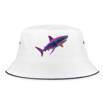 Neon Hai Leuchtend Cyberpunk Haifisch Grafik - Bucket Hat - Weiß/Navy - Vorne