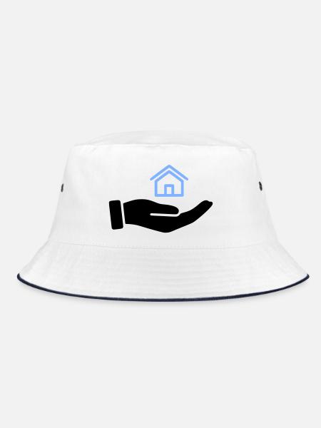 Hand hält Haus Immobilie - Bucket Hat - Weiß/Navy - Vorne