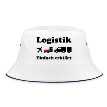 Logistik Silhouette mit rotem Block - Bucket Hat - Weiß/Navy - Vorne