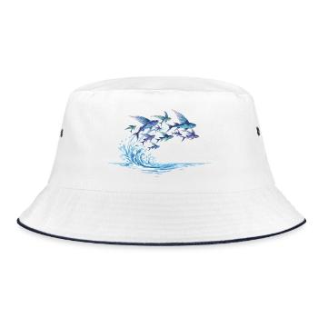 Flying Fish Gliding Over Water Waves Motif - Bucket Hat - white/navy - Front