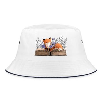 Fuchs auf einem Buch mit Blumen - Bucket Hat - Weiß/Navy - Vorne
