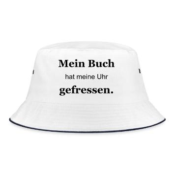 Buch hat meine Uhr gefressen – schwarz - Bucket Hat - Weiß/Navy - Vorne