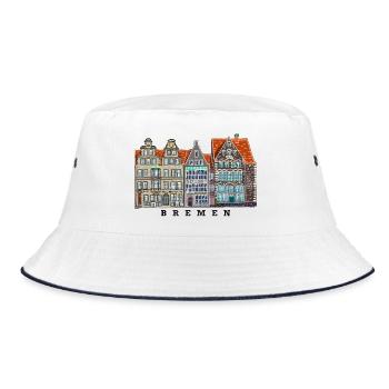 Bremen, Deutschland, Zeichnung Häuser Marktplatz - Bucket Hat - Weiß/Navy - Vorne