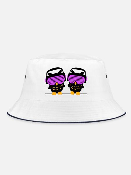 2 DJ Eulen Kopfhörer Musik hören Club Disko Party - Bucket Hat - Weiß/Navy - Vorne