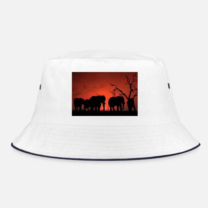 Elephants at Sunset Silhouette - Bucket Hat - white/navy
