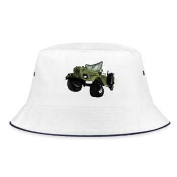 Olivgrüner Offroad Auto Druck - Bucket Hat - Weiß/Navy - Vorne