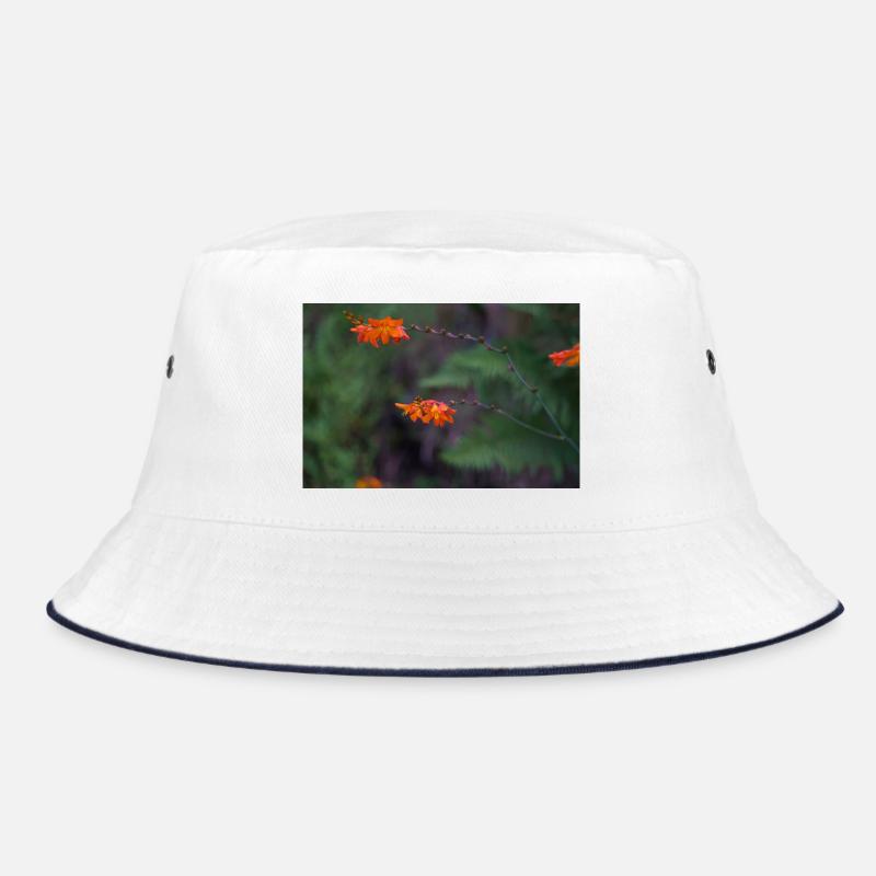 Orange Bloom on Arching Stem - Bucket Hat - white/navy