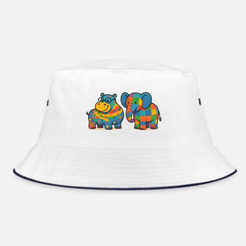 Bunte Elefanten-Nilpferd-Haustiere - Bucket Hat - Weiß/Navy