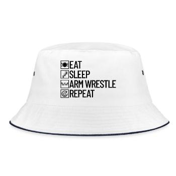 Essen, Schlafen, Armdrücken, Wiederholen, Armdrück - Bucket Hat - Weiß/Navy - Vorne