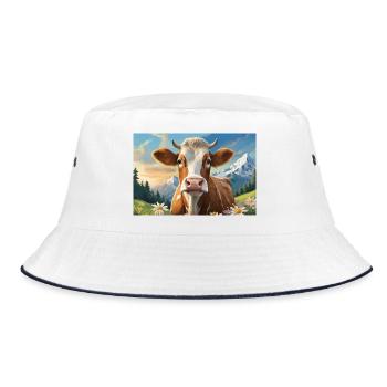 Cheerful cow in the alpine panorama - Bucket Hat - white/navy - Front