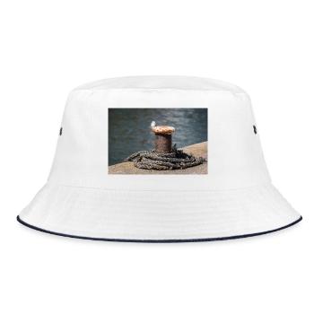 Bollards in the port of Büsum Germany Poster - Bucket Hat - white/navy - Front