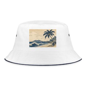 Fuji Küstenholzschnitt Palmenstrand - Bucket Hat - Weiß/Navy - Vorne