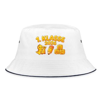 1. KLASSE 2026 Dino Einschulung - Schulanfang  - Bucket Hat - Weiß/Navy - Vorne
