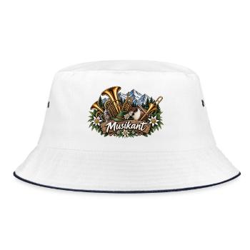 Alpenmusikant mit Brass & Blumenkranz - Bucket Hat - Weiß/Navy - Vorne