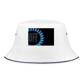 Gasflamme von einem Herd mit dem Wort Aus - Bucket Hat - Weiß/Navy - Vorne