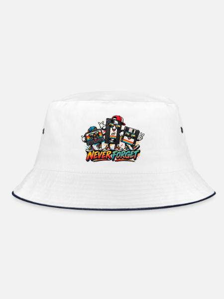 Retro-80er-Jahre-VHS-Kassetten-Floppy Vintage-T-Shirt - Bucket Hat - Weiß/Navy