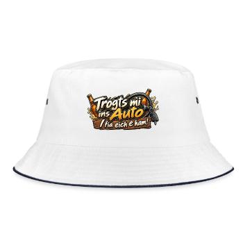 „Trogts mi ins Auto… 😂🚗“ - Bucket Hat - Weiß/Navy - Vorne