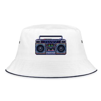 Pixel-Art Ghetto Blaster - Bucket Hat - Weiß/Navy - Vorne
