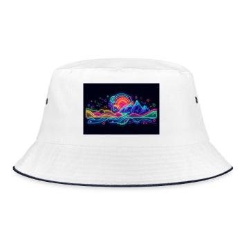 Retro Neon Neonlandschaft Berg & Sonne - Bucket Hat - Weiß/Navy - Vorne