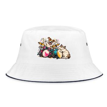 Ragdoll und Jack Russell spielen Schlagzeug – Musi - Bucket Hat - Weiß/Navy - Vorne