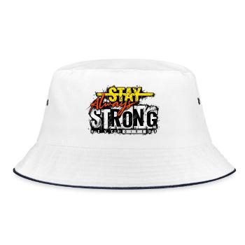 Stay Strong Never Give Up – Motivation Streetwear - Bucket Hat - Weiß/Navy - Vorne