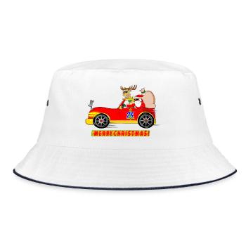 Funny Christmas Santa and Reindeer Race Car Toon - Bucket Hat - white/navy - Front