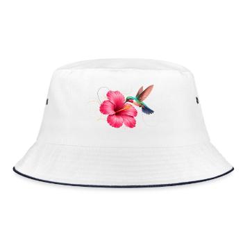 Kolibri an Hibiskusblüte  - Bucket Hat - Weiß/Navy - Vorne