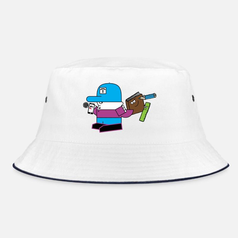 Blaues Maskottchen mit Schreibwaren-Sidekick - Bucket Hat - Weiß/Navy
