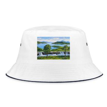 Flusslandschaft mit Wasserfall - Bucket Hat - Weiß/Navy - Vorne
