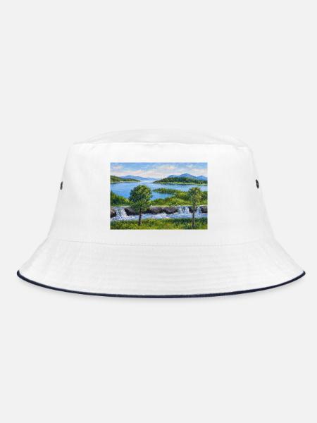Flusslandschaft mit Wasserfall - Bucket Hat - Weiß/Navy