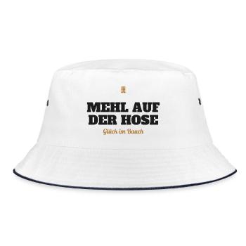 Mehl auf der Hose, Glück im Bauch – Backen - Bucket Hat - Weiß/Navy - Vorne