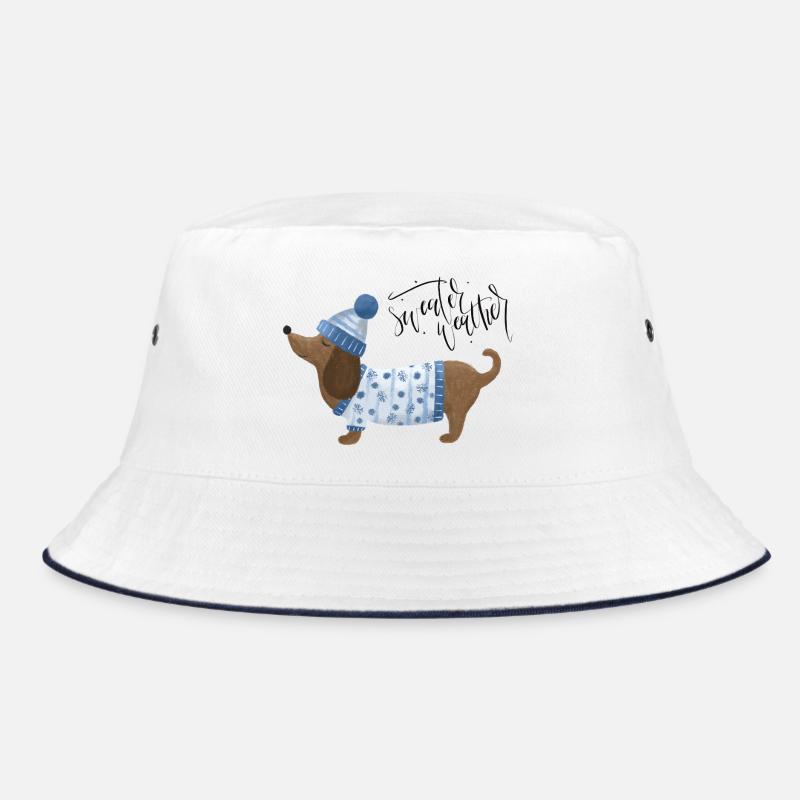 Dackel mit Pullover und Mütze Sweater Weather blau Bucket Hat