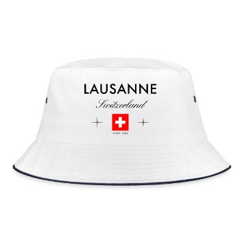 Lausanne Schweiz Koordinaten Reise Souvenir - Bucket Hat - Weiß/Navy - Vorne