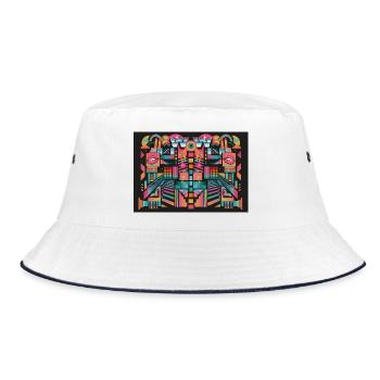 Psychedelischer WOW Mosaik Print - Bucket Hat - Weiß/Navy - Vorne