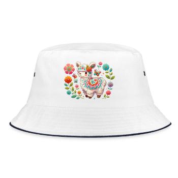Blumen mit Lama - Bucket Hat - Weiß/Navy - Vorne