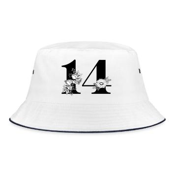 Nummer 14 Schwarze Blumen - 14. Blumengeburtstag - Bucket Hat - Weiß/Navy - Vorne