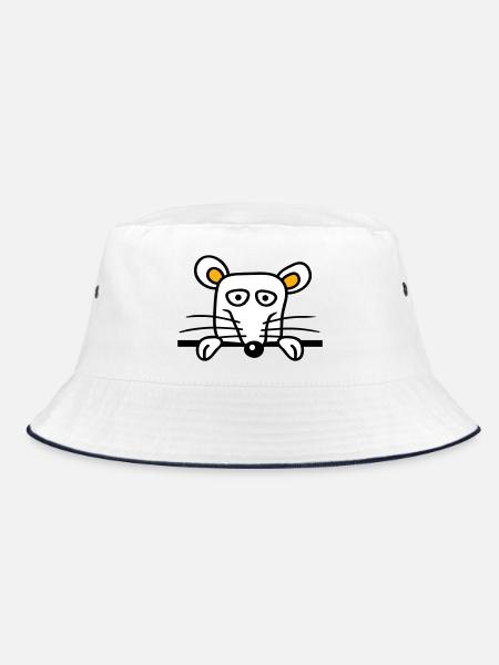 Maus Ratte hinter Mauer Zaun Schild guckt lustig - Bucket Hat - Weiß/Navy - Vorne