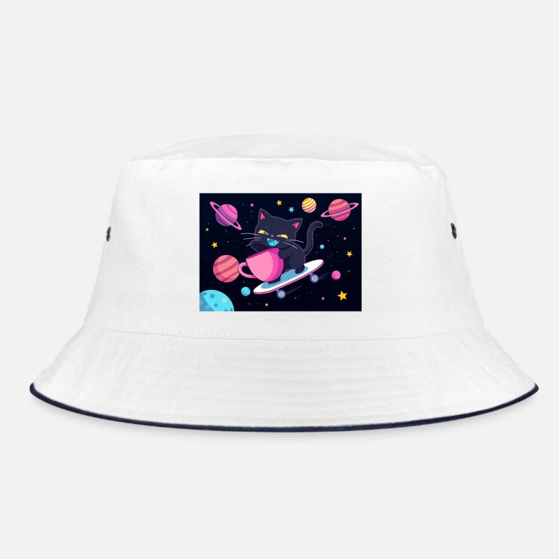 Night Galaxy Skateboard Cat - Bucket Hat - white/navy
