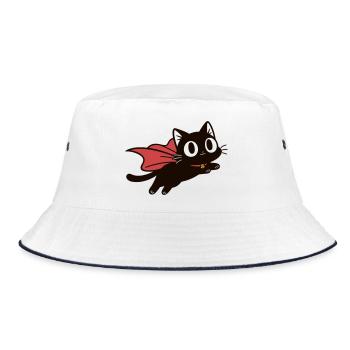 Fliegende Superkatze | Schwarze Katze mit Umhang - Bucket Hat - Weiß/Navy - Vorne
