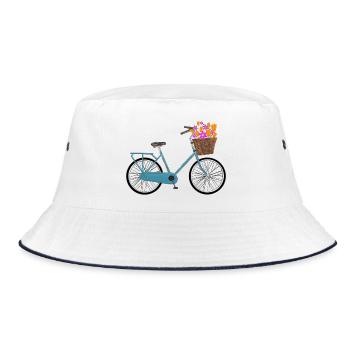 Fahrrad mit bunten Blumen im Korb - Bucket Hat - Weiß/Navy - Vorne